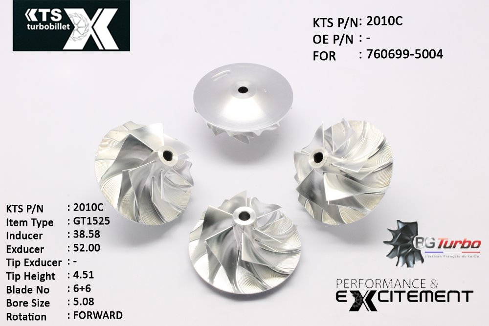 Turbo ROUE FORGÉE MFS PERFORMANCE - 6+6 PALES - INDUCER : 38,58 - EXDUCER : 52 - TYPE : GT15-25ANGLE : 60° - ROTATION : Forward - SUPER BACK : 3,9 - BORE SIZE : 5,08
